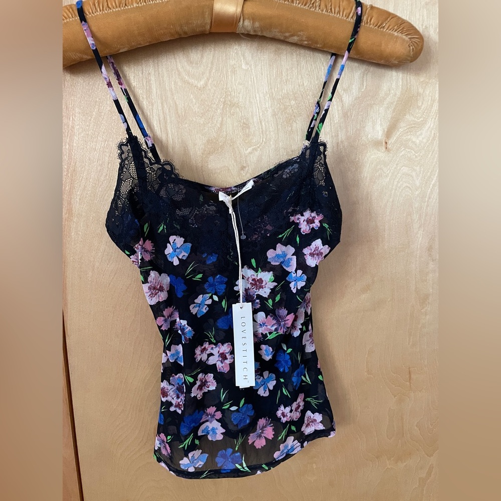 NWT! Lovestitch Small black mesh floral tank/cami top. Adj straps